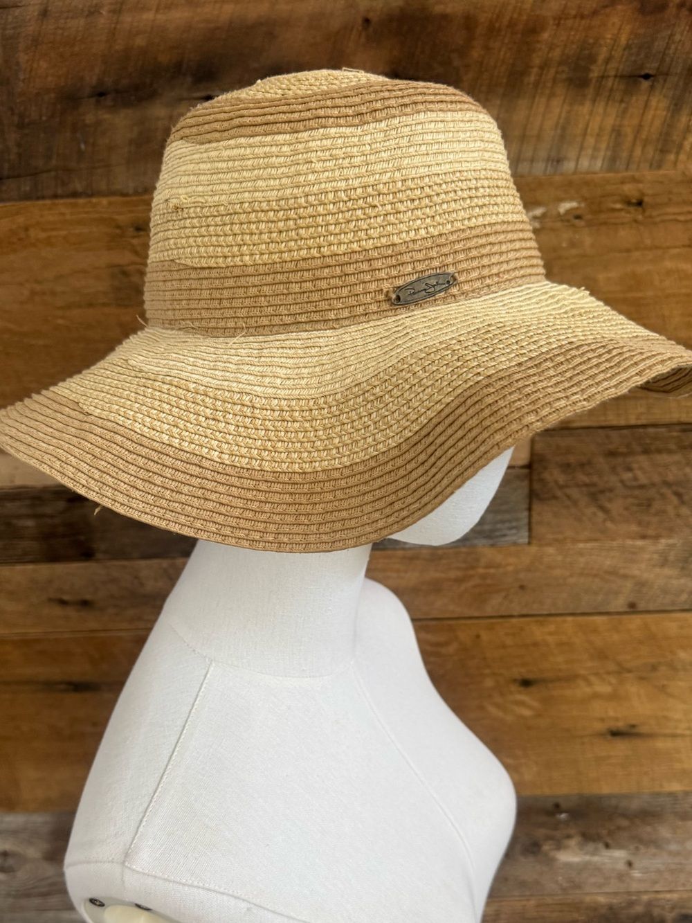 Panama Jack Striped Straw Sun Hat Tan Beige Wide Brim Summer Beach Packable